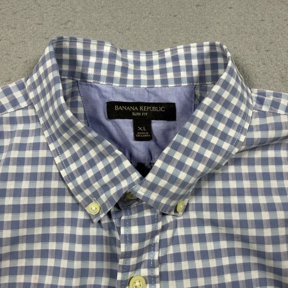 Banana Republic Mens XL Blue White Gingham Check Slim Fit Button Down Shirt